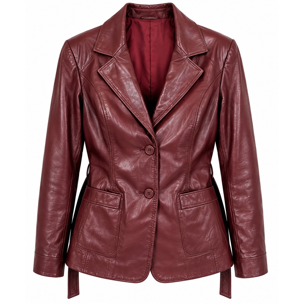 Vintage Burgundy Genuine Leather Blazer Jacket Women's 5/6 Belted Y2K